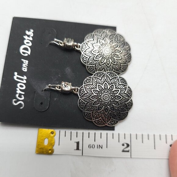 Scroll And Dots Silver Mandala Drop Earrings With Rhinestone Accents 2 Inches - Picture 5 of 5